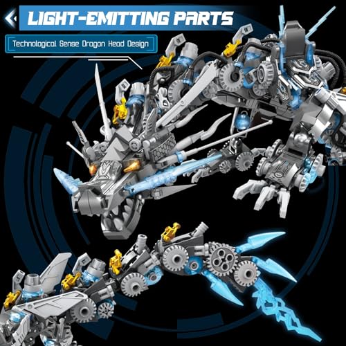 HIGH GODO Dragon Building Blocks Sets for Adults, 2 in 1 Grey Mechanical Dragon Animal Building Model Collectible Display Toys, Cool Creative Gifts for Teens Fans (1390 Pcs) - style: 2 in 1 Grey Dragon