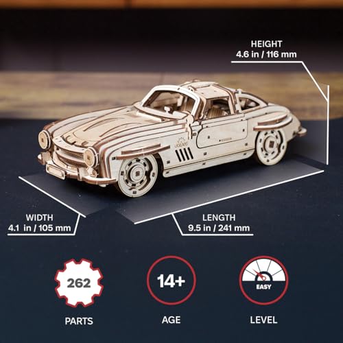 UGEARS Winged Sports Coupe Model Car Kit - 3D Wooden Puzzle for Adults – Model Kit for Adults to Build - DIY Wooden Car with Authentic Gull-Wing Design, 3D Puzzle