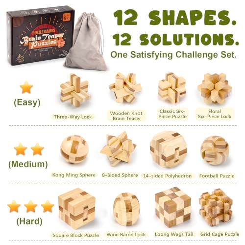 VolksRose 12pcs Wooden Brain Teaser Puzzles, IQ Challenge Puzzle Games, Logic Smart Mind Puzzle Box Lock Toy Removing Assembling 3D Small Puzzle Gift Set for Adults Teenagers Kids, 1.8inch 4.5cm - color: A-12pcs-4.6cm