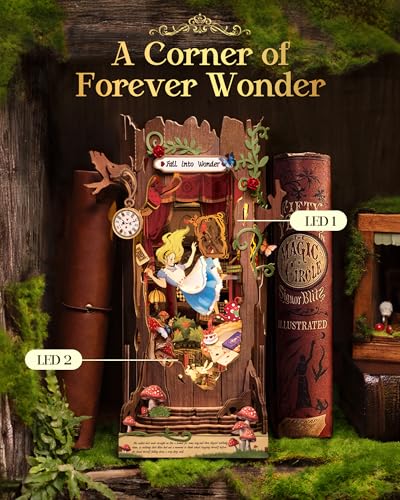 Rolife Book Nook Kit Fall into Wonder 3D Wooden Puzzles 9.9" Wonderland Booknooks DIY Miniature Kit with LEDs Fairy Tale Bookshelf Decor Craft for Adults Gift for Mom Women Men