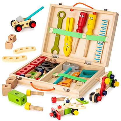 WOODMAM Wooden Kids Tool Set, 37Pcs Learning Construction Toy with Tool Box, Montessori Educational Building Toys Gift for 3+ Years Old Boys Girls - style: Standard