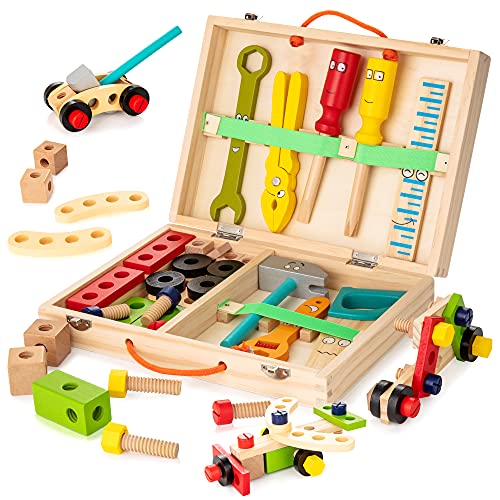 WOODMAM Wooden Kids Tool Set, 37Pcs Learning Construction Toy with Tool Box, Montessori Educational Building Toys Gift for 3+ Years Old Boys Girls - style: Standard