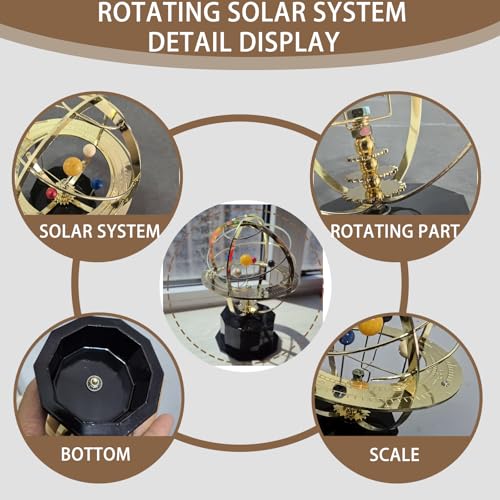 Rotating Solar System Metal Ornament - Handcrafted Orrery Model with 5 Planets, Educational Desk Decor for Astronomy Enthusiasts, Home & Office Decoration (Black)