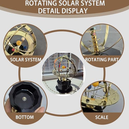 Rotating Solar System Metal Ornament - Handcrafted Orrery Model with 5 Planets, Educational Desk Decor for Astronomy Enthusiasts, Home & Office Decoration (Black)