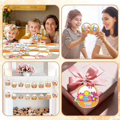 BeYumi Mother's Day Craft Kit - 123Pcs Mother's Day Flowers Basket Paper Craft Kit DIY Best Mom Ever Hanging Ornament Make Your Own School Classroom Decoration Home Family Party Art Supplies for Kids - style: Mom Flower