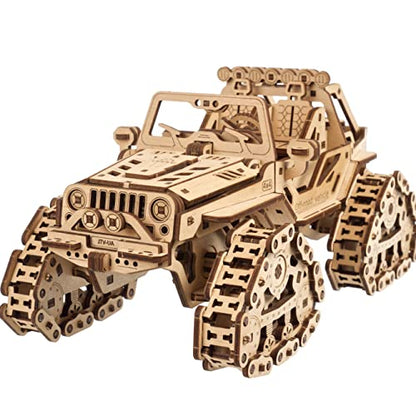 UGEARS Tracked Off-Road Vehicle, 3D Wooden Puzzle, DIY 3D Car Model Puzzle with Spring Motor, 2 Driving Modes, Openable Hood with Engine - style: Tracked Off-Road
