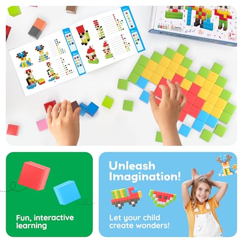 PicassoTiles 102pcs Pixel Magnetic Puzzle Cube 1” Pixel Mix & Match Toys with Ideabook STEM Education Learning Building Block Magnets Construction ToySet Stacking Creative Kit for Kids Age 3+ PMC102 - style: 102pc