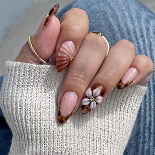 Almond Press on Nails Medium Brown Fake Nail3D Flowers Designs Acrylic Nail Press ons Stick on Nails for Women 24pcs - color: Brown