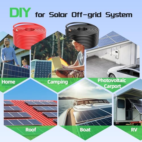 Bateria Power 2x50 Feet 8AWG (10mm²) Solar Panel Wire, Tinned Copper Solar Panel Extension Cable PV Wiring for Photovoltaic Solar System, Automotive RVs, Marine (50FT Red + 50FT Black) - color: Black+Red, size: 50Ft 8AWG