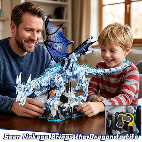 OWNONE 1 Mechanical Ice Dragon Building Block Set with LED Light & Movable Head, Wings and Limbs, Fantasy Dragon Model Kit for Home & Office Decor, Birthday for Teens & Adults & Kids (1646 PCS)