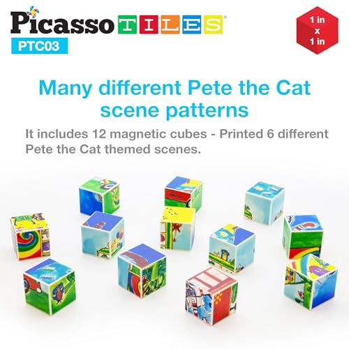PicassoTiles Magnetic Tiles Pete the Cat Magnet Puzzle Cube Set 6 Cartoon Theme Mix and Match Brain Teaser STEM Educational Toy for Kids Toddlers Preschool Age 3 Plus Sensory Learning Play Kit PTC03 - style: Pete the Cat Mix and Match