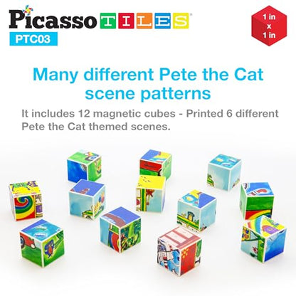 PicassoTiles Magnetic Tiles Pete the Cat Magnet Puzzle Cube Set 6 Cartoon Theme Mix and Match Brain Teaser STEM Educational Toy for Kids Toddlers Preschool Age 3 Plus Sensory Learning Play Kit PTC03 - style: Pete the Cat Mix and Match