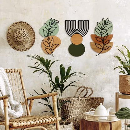 Wenqik Set of 3 Boho Wall Art Decor 3D Wood & Metal - style: Sage Green Style