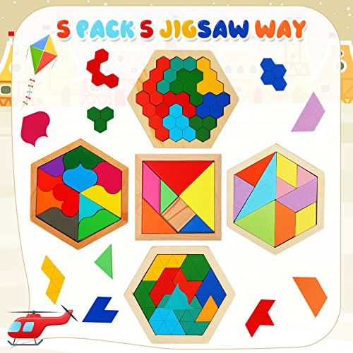 Jerify 5 Pack Wooden Tangram Puzzle for Kids, Brain Teaser Puzzles