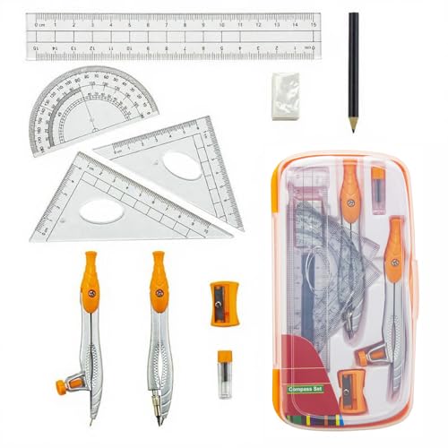 10 PCS Geometry Set, Math Compass, Protractor, Ruler and Set Squares Kit with Durable Storage Case, Complete School Supplies for Primary to High School (Black)