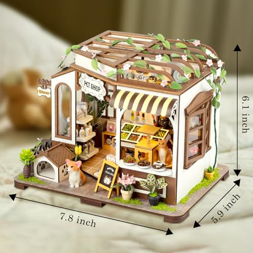 Pet Shop DIY Miniature House Kit, Wooden Dollhouse with LED for Adults - style: Pet Shop