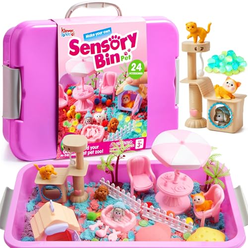 JOVA Klever Kits Cute Pet Sensory Bin for Kids with Glow in The Dark Stones, Sandbox with Lid Dual-Color Sand, Preschool Learning Activities Gifts for Boys Girls Age 3+ - style: Pet