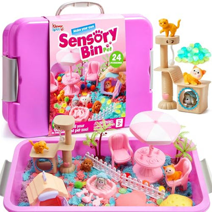 JOVA Klever Kits Cute Pet Sensory Bin for Kids with Glow in The Dark Stones, Sandbox with Lid Dual-Color Sand, Preschool Learning Activities Gifts for Boys Girls Age 3+ - style: Pet