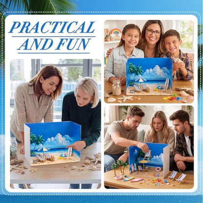 AmazingSpark 2 Set Summer Beach Diorama Box and Sand Sticker Decor, Seaside Diorama Project Supplies Set, Ocean Cardboard Display Case Kit & Waves Sticker with Double Sided Tapes for DIY Crafts - style: Beach
