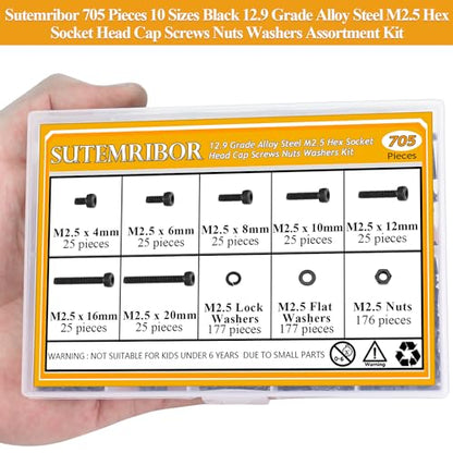 705 Pieces M2.5 Screws Nuts Washers Set Black, Sutemribor M2.5 x 4/6/8/10/12/16/20mm Hex Socket Head Cap Screws Nuts Washers Assortment Kit, 12.9 Grade Alloy Steel, Fully Threaded - size: M2.5 x 4/6/8/10/12/16/20mm Kit, style: Socket Head