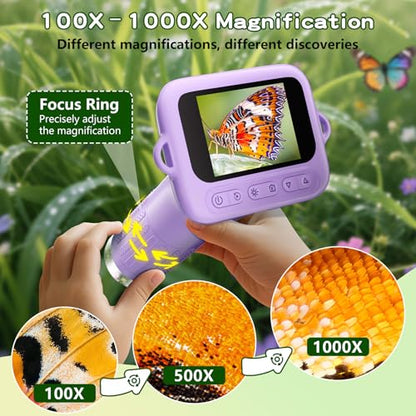 Odatay 1000X Digital Kids Microscope Kit with 12 Slides & 2" Screen, Purple - color: Purple