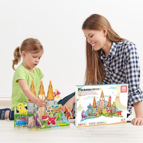 PicassoTiles Dinosaur Magnetic Tiles, STEM Building Blocks Toy Set Ages 3+ - color: Dinosaur