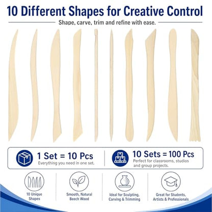 Ferrochef 10 Set 100 Pcs Clay Tools, Beech Sculpting Tools, Classic Style - color: Classic Style, size: Beech