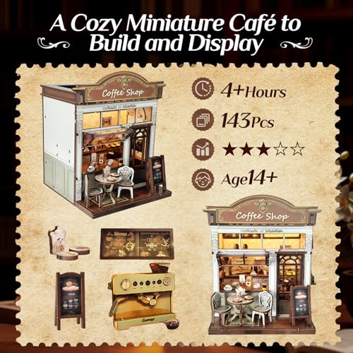 Book Nook Kit, DIY Miniature House Kit for Adults & Teens, Cozy Coffee Shop Scene Bookshelf Insert Decor with LED, 3D Wooden Puzzle Gift for Book Lovers (Coffee Shop) - style: Coffee Shop