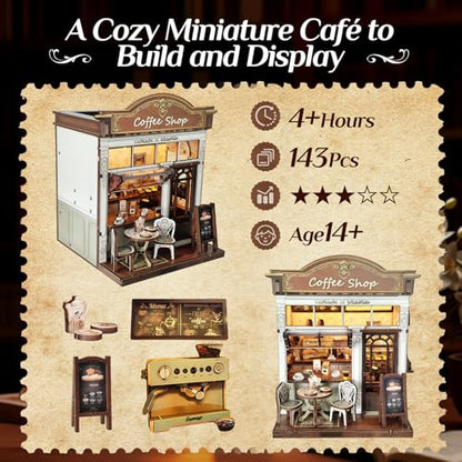 Book Nook Kit, DIY Miniature House Kit for Adults & Teens, Cozy Coffee Shop Scene Bookshelf Insert Decor with LED, 3D Wooden Puzzle Gift for Book Lovers (Coffee Shop) - style: Coffee Shop