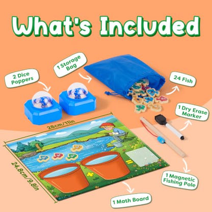 Magnetic Fishing Math Game for Kids 3-5, Montessori Counting Toy with Dice Poppers, Preschool Math Manipulatives Board Game, Addition and Subtraction Dice Game for Homeschool Classroom - style: Blue