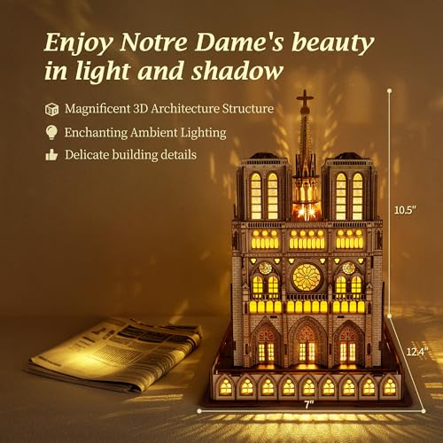 FUNPOLA LED 3D Wood Puzzle Notre Dame de Paris Cathedral Architecture Model