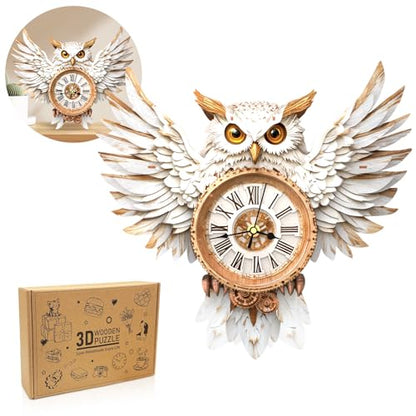 3D Puzzles for Adults Wooden Snowy Owl Clock Puzzle Adult Crafts - color: Snowy Owl Clock