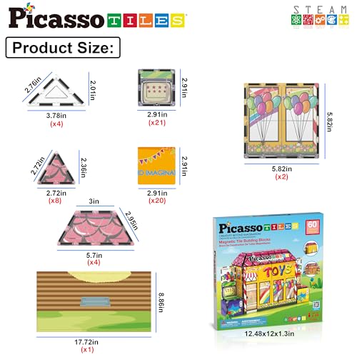 PicassoTiles 60pc Magnetic Building Block Magnet Tile Toy Shop Theme Pretend Play Construction Kit Reconfigurable Printed Structure Double-Sided Printing Education STEM Learning Playset Ages 3+ PTQ50 - color: Toy Shop