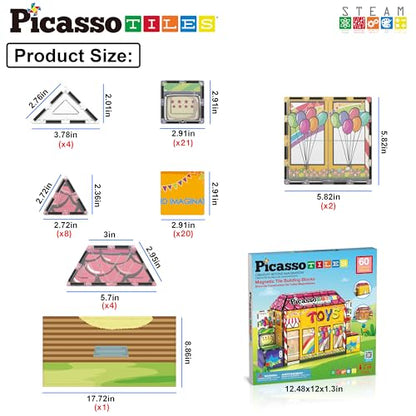PicassoTiles 60pc Magnetic Building Block Magnet Tile Toy Shop Theme Pretend Play Construction Kit Reconfigurable Printed Structure Double-Sided Printing Education STEM Learning Playset Ages 3+ PTQ50 - color: Toy Shop