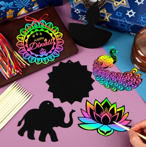 JULMELON 36 Pcs Diwali Crafts for Kids Rainbow Scratch Art Party Favors - style: Diwali