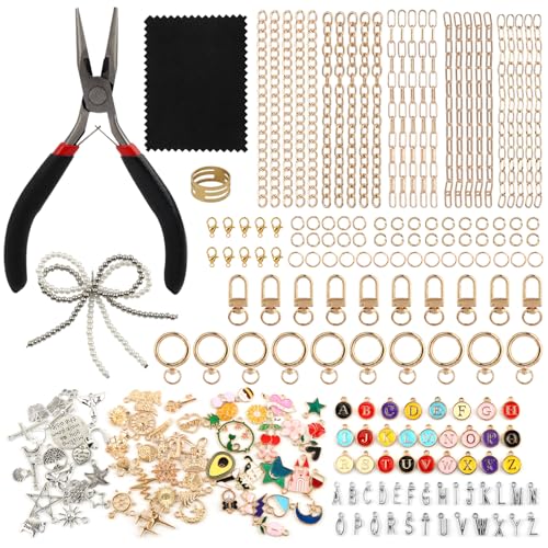 Olnverath 325Pcs Lip Gloss Keychain Making Kit with Charms, Including Keychain Clips Extender Chain Charms Jewelry Plier, Jewelry Making Kit for Custom Keychains and DIY Crafting(Alloy)
