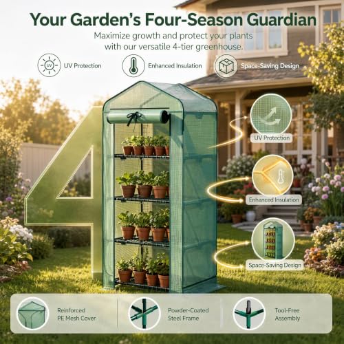4‑Tier Mini Greenhouse, Small Walk‑in Green House, Dark Green - color: Dark Green, size: Small