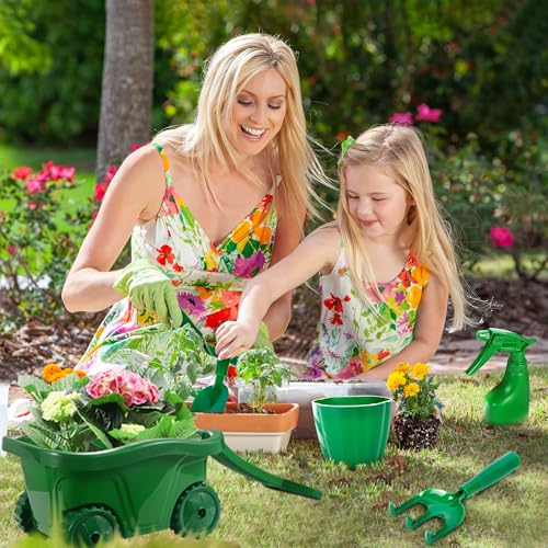 Duckura Kids Gardening Tools Set, Wheelbarrow Sets Outdoor Yard Toy Ages 3+ - color: Green-11pcs