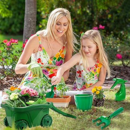 Duckura Kids Gardening Tools Set, Wheelbarrow Sets Outdoor Yard Toy Ages 3+ - color: Green-11pcs