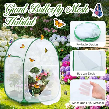 3 Pack 36" Large Monarch Butterfly Habitat Giant Collapsible Insect and Butterfly Mesh Habitat Cage Pop-up Caterpillar Growing Mesh Cage Terrarium, Side Door Design, Transparent Window Panel