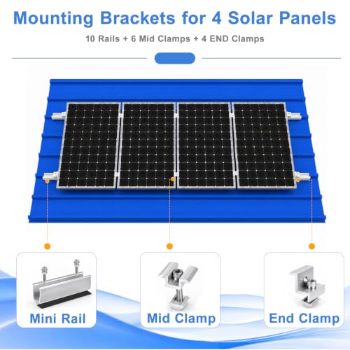 Solar Panel Mounting Kit -10 Rails,4 End+6 Mid Clamps,20 Screws,1 Allen Key for 4 Panels Side by Side,DIY Installation,Anodized Aluminum,Fits 1.18″ to 1.38″ Frames,Rustproof,for RV/Boat/Home Roofs