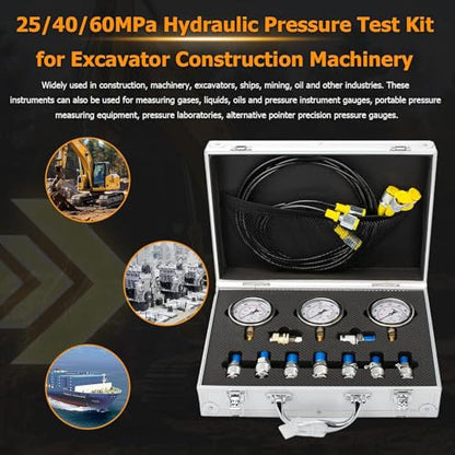 Hydraulic Pressure Test Kit with 3 Gauges 25/40/60MPa, 8 Test Couplings, Quick Connector 3 Test Hoses, Hydraulic Gauge Kit with Carrying Case for Excavator Loaders Construction Machinery - size: 3 Gauges 8 Test Couplings