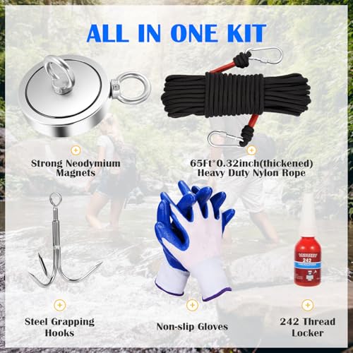 VNDUEEY 2625LBS Magnet Fishing Kit, 4.57" Double Hole Fishing Magnet Kit with Rope, Strong Magnets for Retrieving in River Lake Beach and Lawn, Includes 65Ft Rope, Carabiner, Gloves, Grappling Hook - size: 4.57" 2625LBS, style: Double Hole Kit