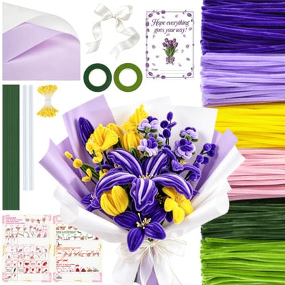 Anyeve 600 PCS Pipe Cleaner Craft,Pipe Cleaner Flower Kit with Flower Stem, Chenille Stems 6 Colors for Easy Bend, Not Easy Break, Best Craft Material for DIY and Craft Projects - color: 600PCS-Purple