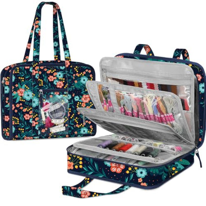 FINPAC Sewing and Craft Supplies Storage Tote Bag with Clear Pockets - color: Navy Bloom
