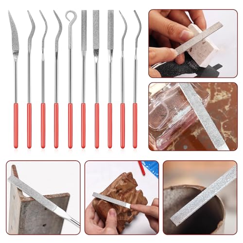 KALIONE 10Pcs Small File Set Diamond Needle File Set, Curved Files Tool, Mini Metal File Diamond File, Miniature and Model Files, File Jewelry Stone Carving Tools(140mm/5.5inch)