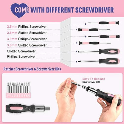 Sundpey 148 Pcs Portable Basic Hand Repair Home Tool Kit Set with Case Pink - color: Pink