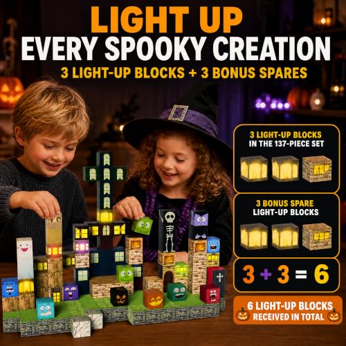 Veecafiodi Halloween Magnetic Building Blocks with Lights, 137PCS Magnetic Blocks STEM Construction Set for Kids Ages 4-8, Spooky Building Toy, Birthday Gift for Boys Girls - color: Multicolor