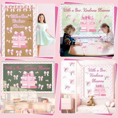 Pink Bow Bulletin Board Set Motivational Kindness Classroom Bulletin Board Decorations Bow Reading Book Cutouts Border Classroom Decorations for Back to School Office Home Chalkboard Decor Wall Door - style: Bow