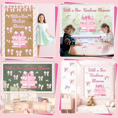 Pink Bow Bulletin Board Set Motivational Kindness Classroom Bulletin Board Decorations Bow Reading Book Cutouts Border Classroom Decorations for Back to School Office Home Chalkboard Decor Wall Door - style: Bow